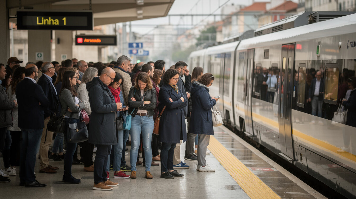 Crowded commuter train platform in Portugal during rush hour