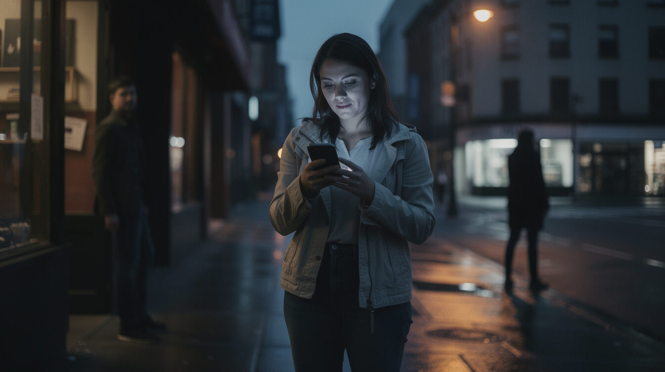 woman checking phone at night