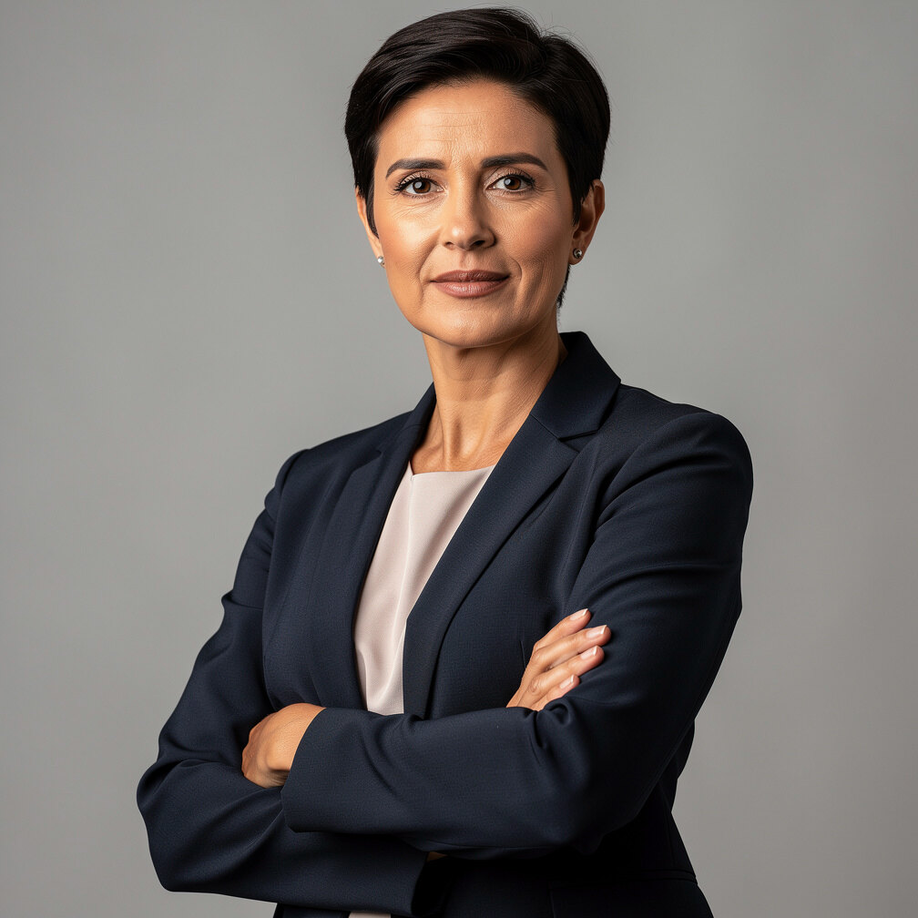 Studio portrait of a Portuguese woman in her forties, editor-in-chief