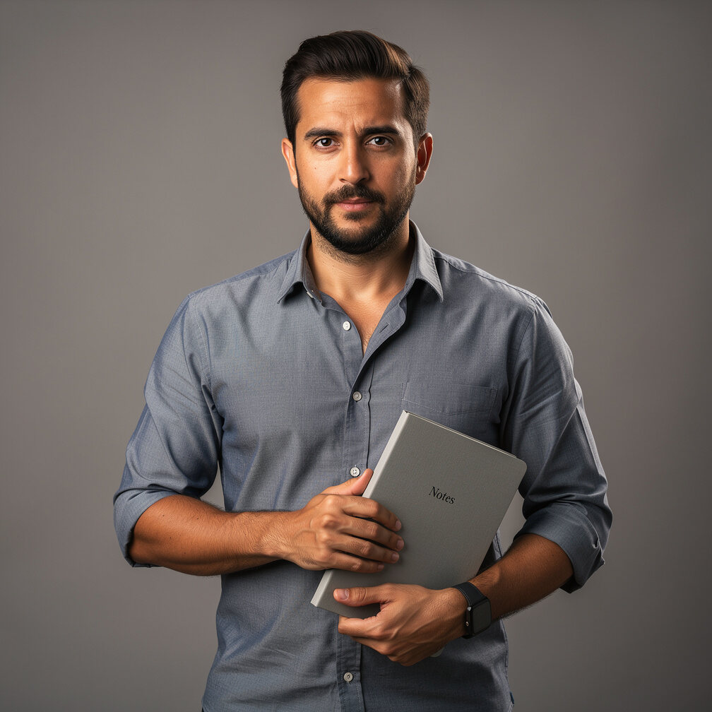 Studio portrait of a Portuguese man in his thirties, investigative reporter