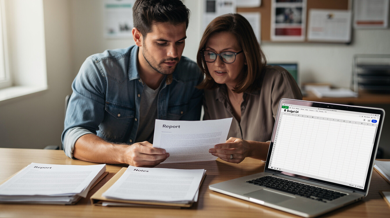 Journalists reviewing printed documents and data at a newsroom desk