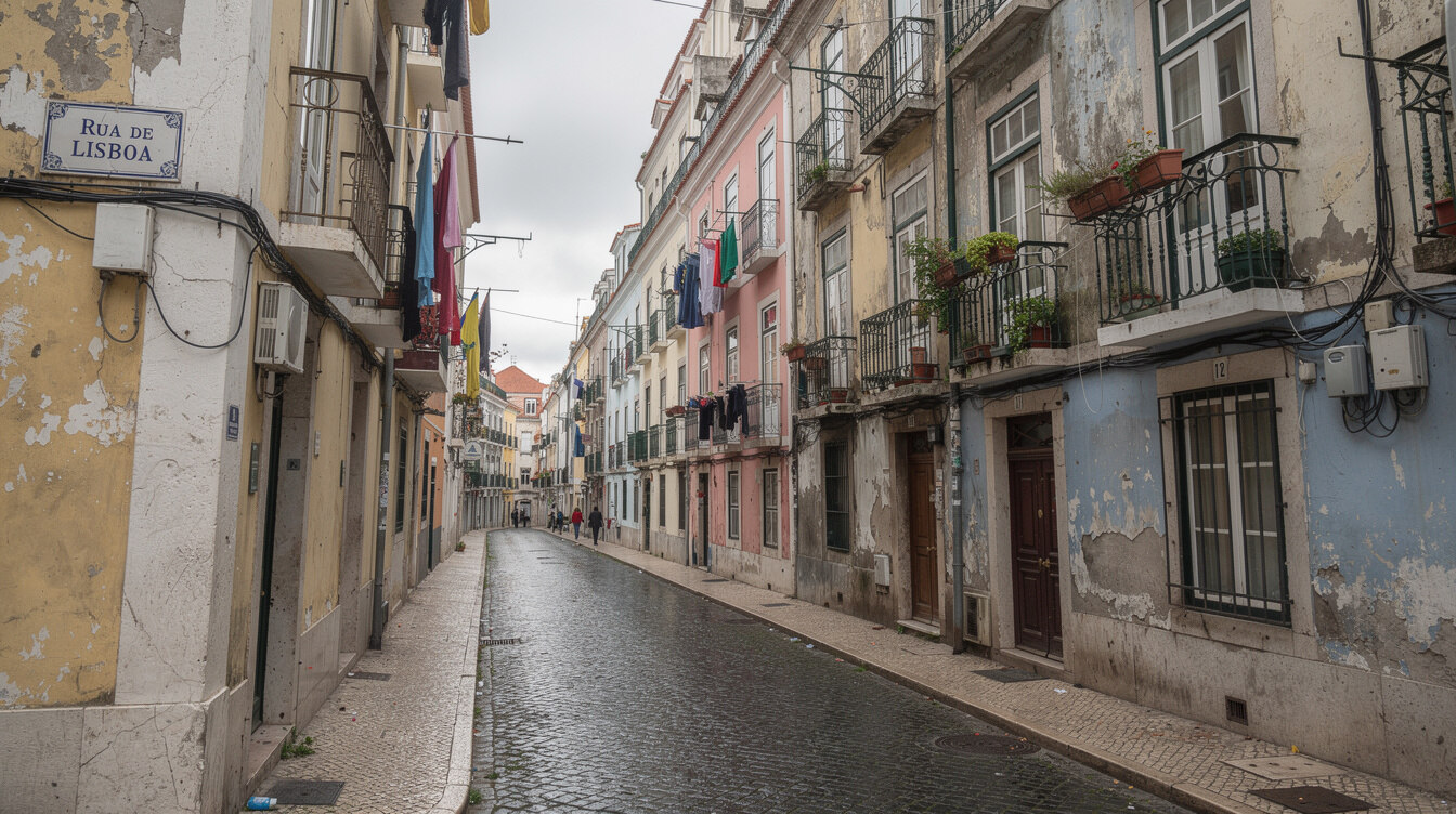 Row of aging residential apartment buildings in a Portuguese city