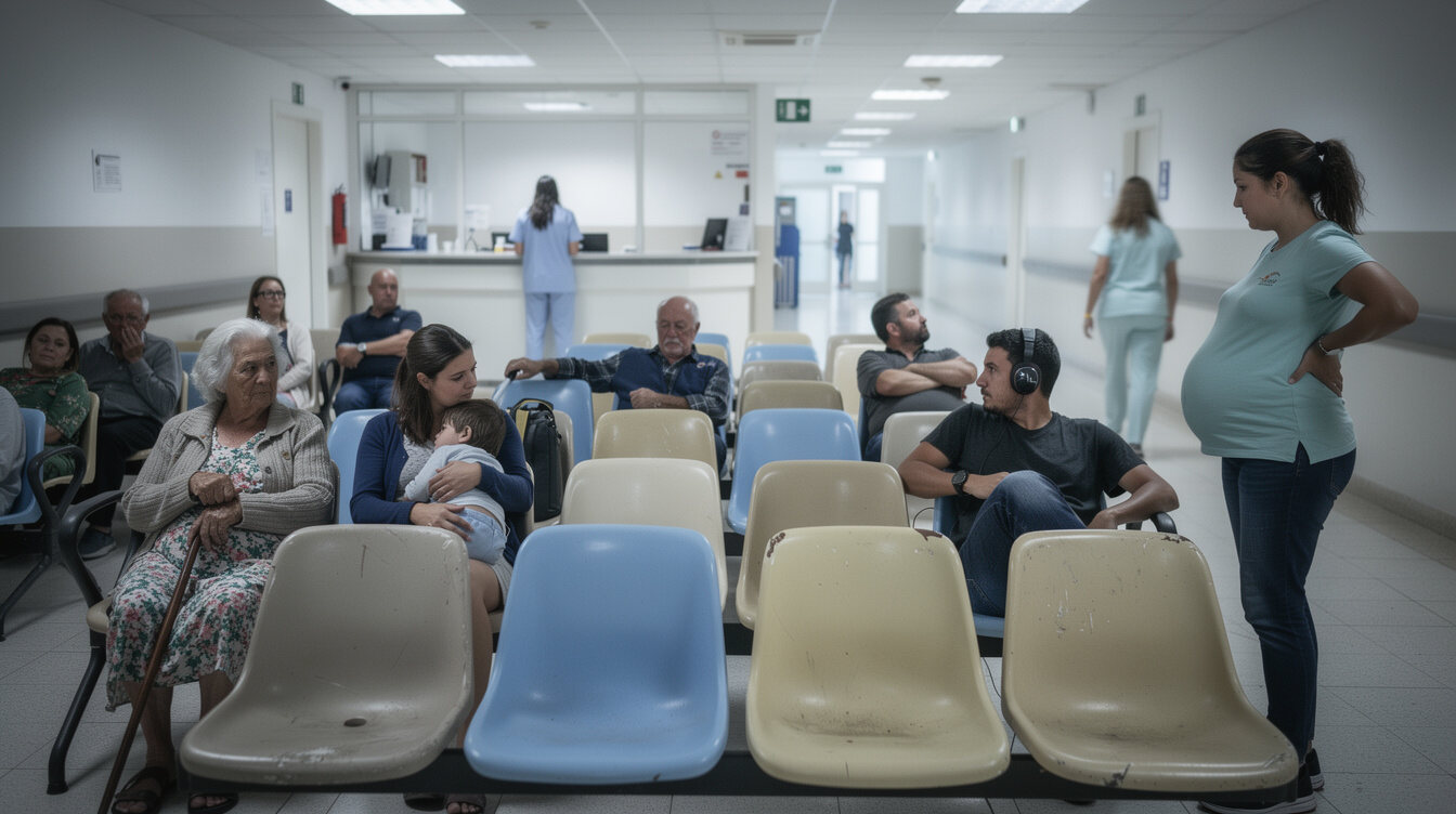 Waiting room in a Portuguese public hospital with patients seated